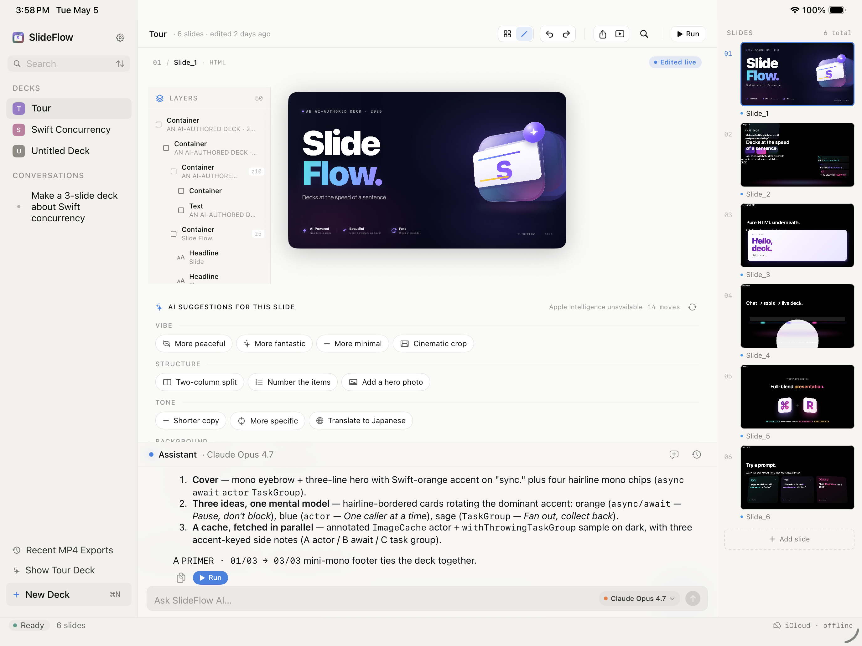 SlideFlow app showing a populated deck on the live canvas with AI suggestions and chat