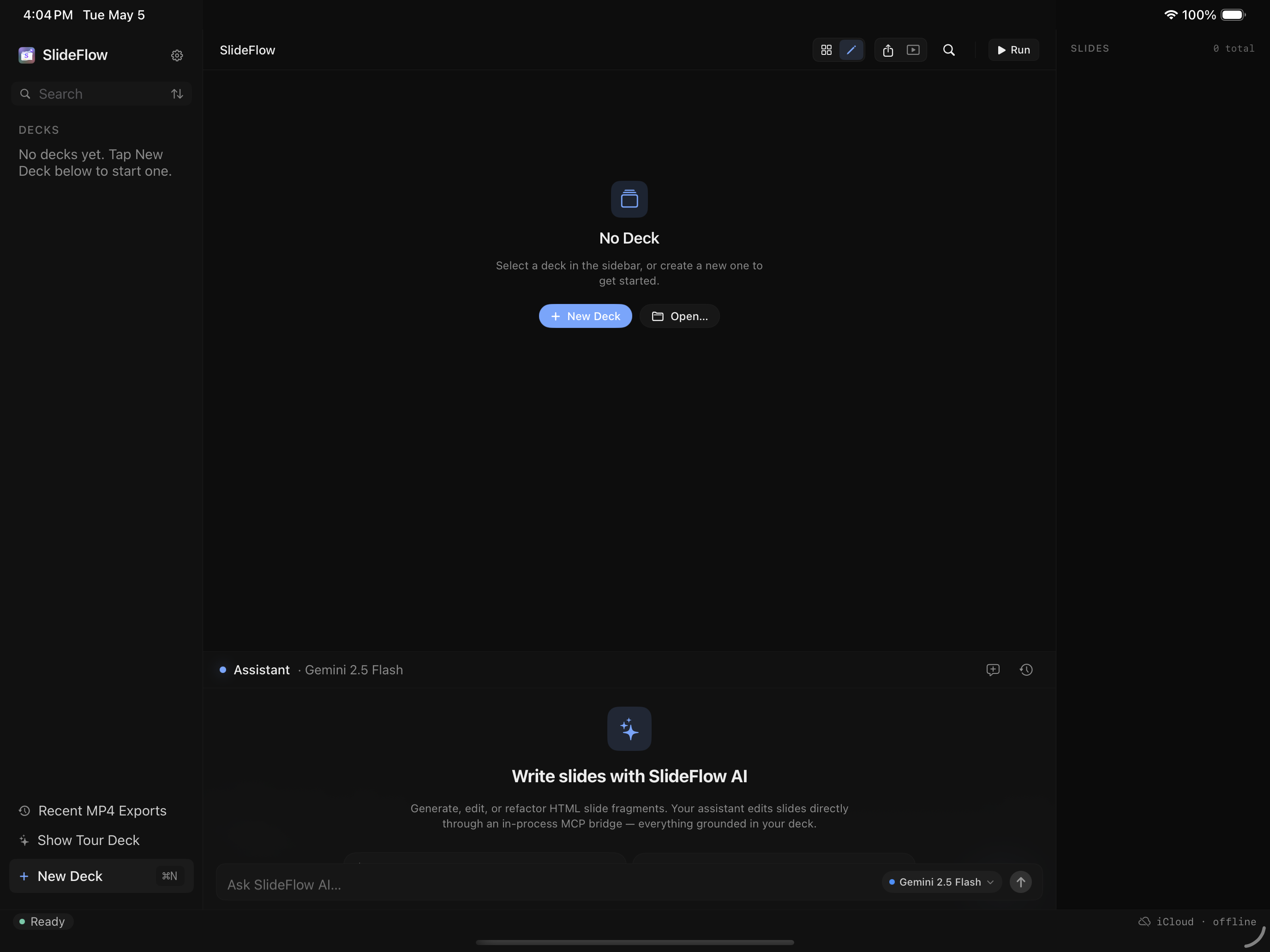 SlideFlow empty deck with chat prompt ready