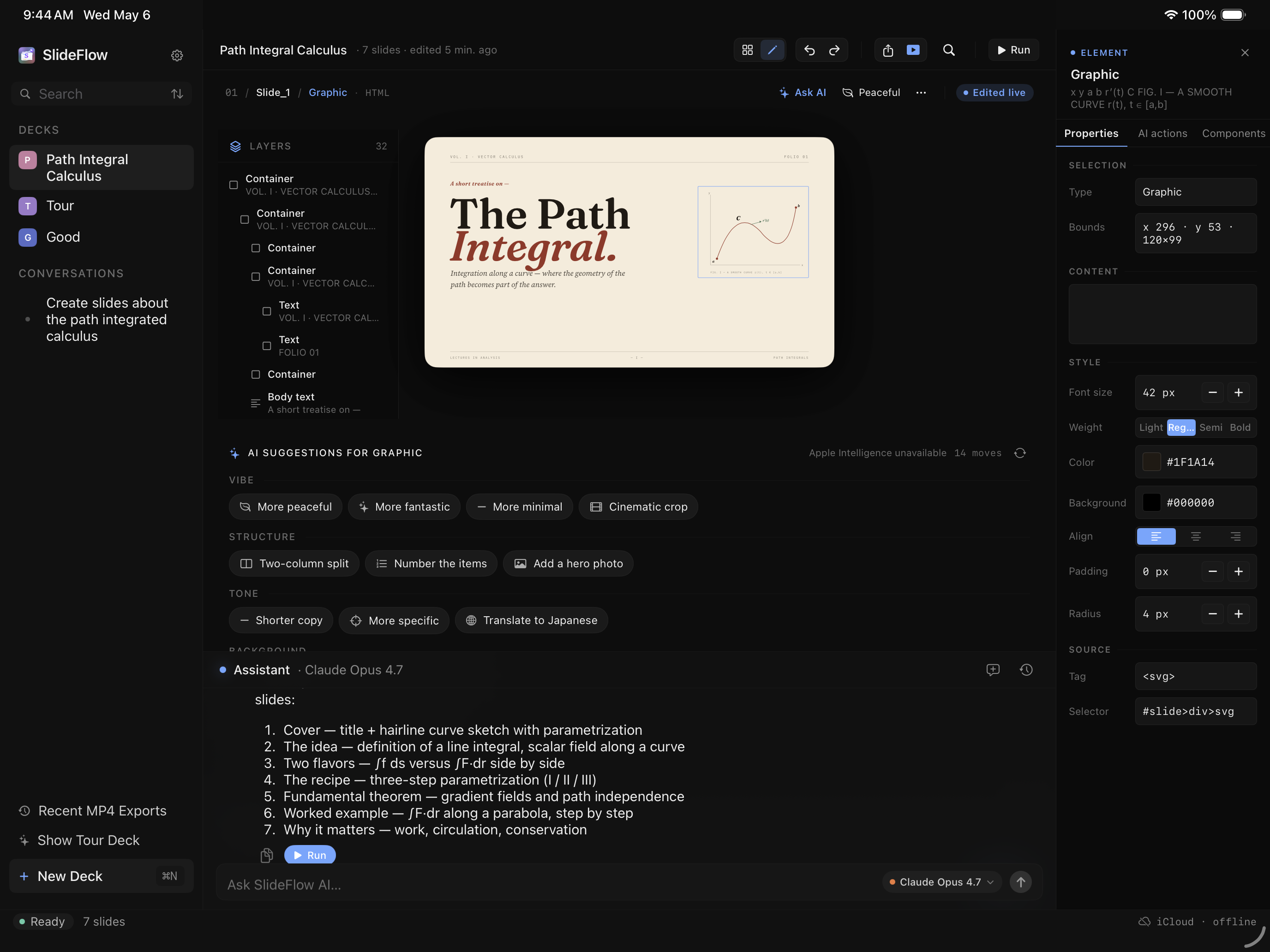 SlideFlow inspector panel editing slide properties live