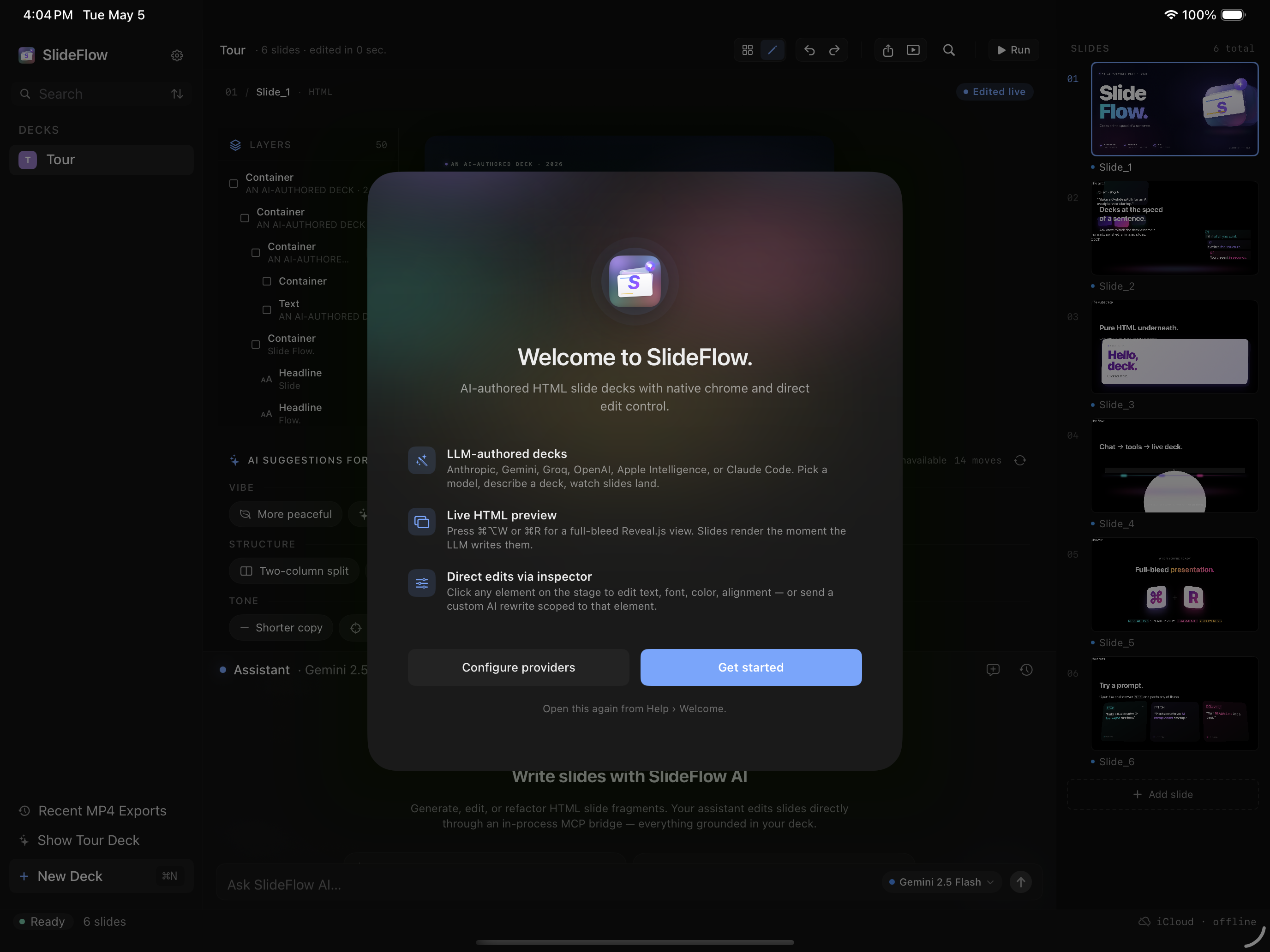 SlideFlow welcome screen, dark theme