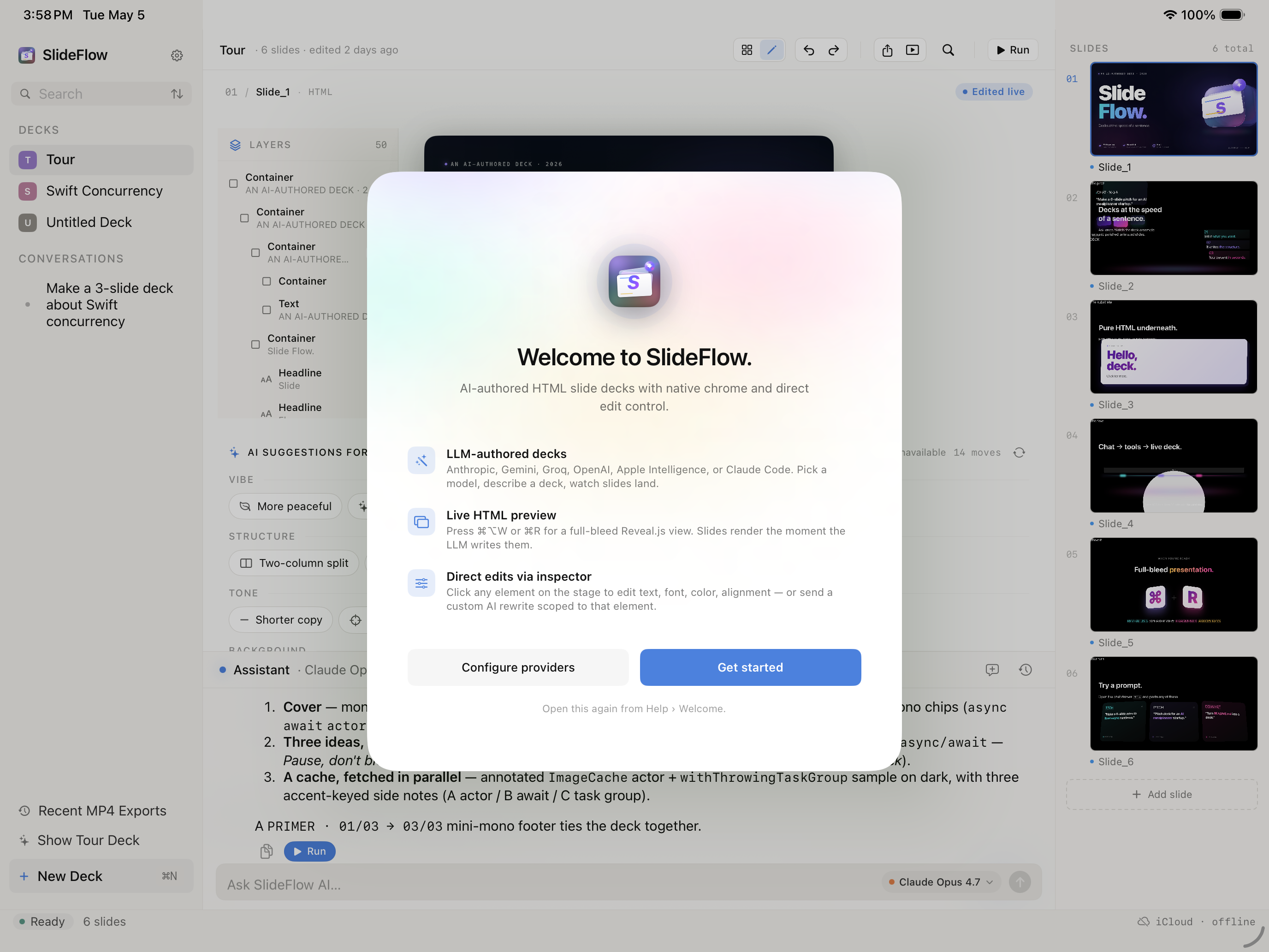 SlideFlow welcome screen, light theme